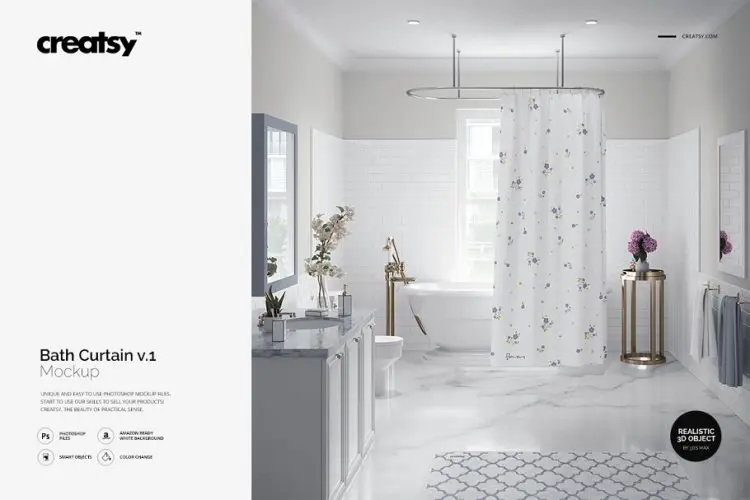 Luxury Bathroom Bath Curtain Mockup 卫浴浴帘印花图案场景模拟展示效果样机