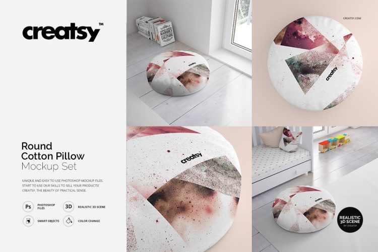 Round Cotton Pillow Mockup Set 多角度圆形蒲团坐垫靠垫抱枕图案印花设计贴图ps样机素材展示模板