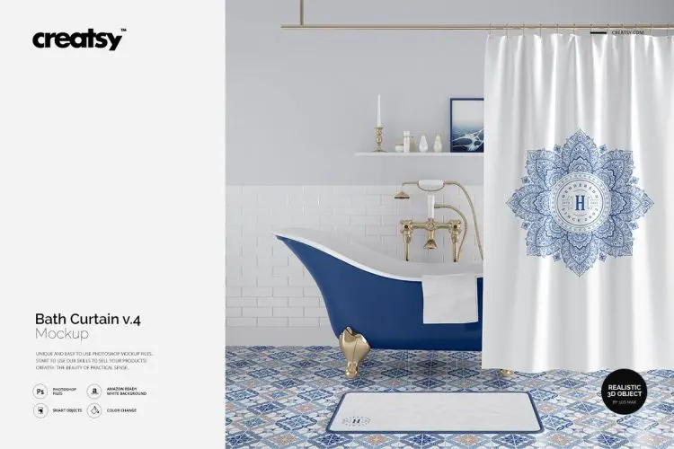 Bath Curtain Mockup 4 欧式豪宅卫生间浴室浴缸挂帘浴帘纹样印花图案设计贴图ps样机素材