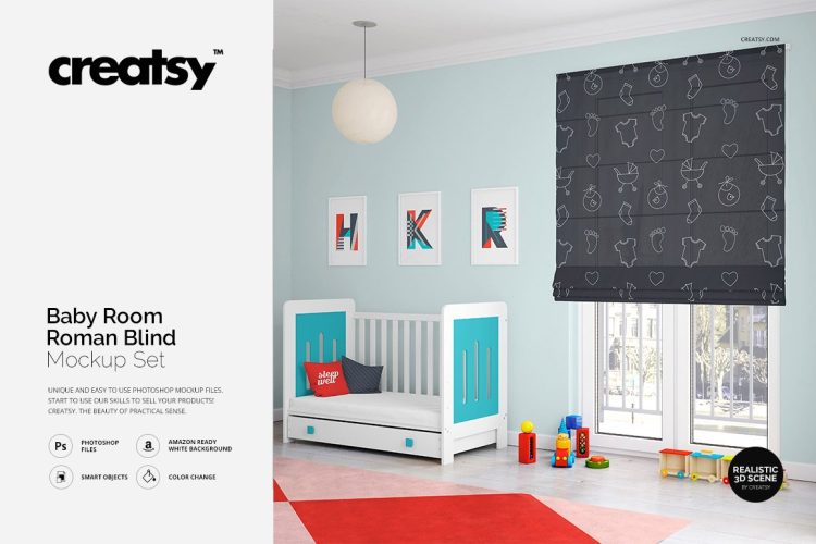 Kids Room Roman Blind Mock-up 儿童房罗马卷帘模拟效果产品设计展示样机