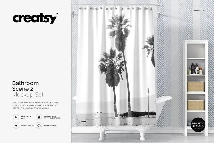 Bathroom Scene 2 Mockup 浴缸浴帘印花图案设计空白贴图ps居家生活样机素材卫生间浴室场景展示效果模板