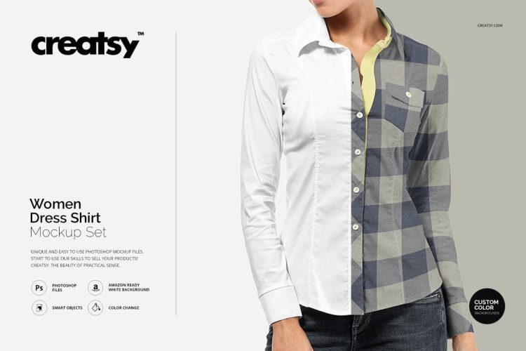 Women Dress Shirt Mockup Set 女款休闲长袖衬衫印花图案服装设计ps样机素材模特展示效果模板