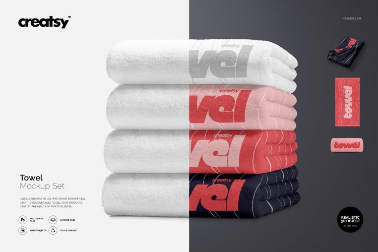 Towel mockup 4款全棉洗脸巾毛巾浴巾logo印花图案设计贴图ps样机素材国外设计模板