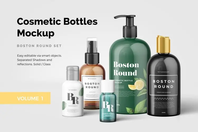 Cosmetic Bottles Mockup Vol.1 化妆洗浴产品设计场景模拟效果展示样机