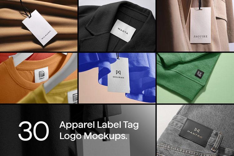 30 Apparel Tag & Labels Logo Mockups 30款服装吊牌标签织唛领标皮牌logo设计贴图ps样机素材展示效果图