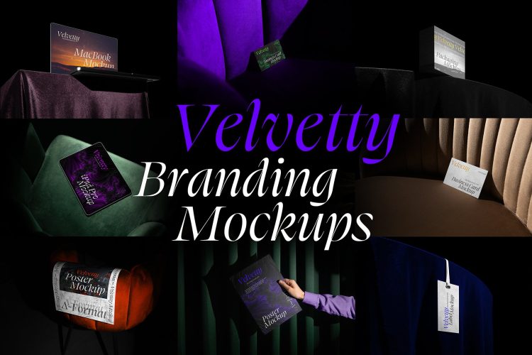 Velvetty Branding Mockups Kit 26款复古质感光影名片吊牌标签单页iPad笔记本设计作品贴图ps样机