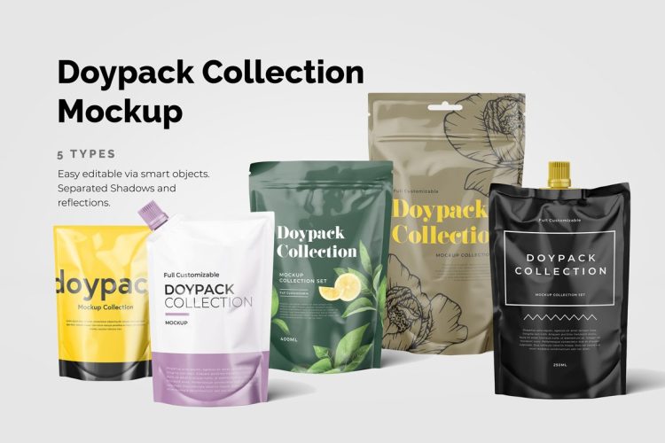 Doypack Collection Mockup 5款食品塑封包装袋模拟效果展示样机