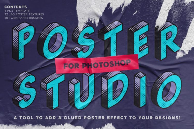 Poster Studio for Photoshop 潮流街头复古做旧褶皱折痕磨损肌理海报设计作品贴图ps样机素材