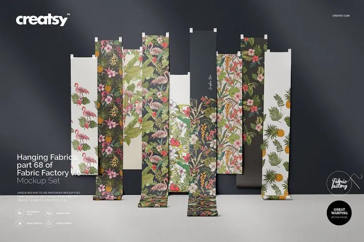 Hanging Fabrics Mockup 68/FF v.6 家纺织物布料面料小样印花图案设计贴图ps样机素材展示效果模板
