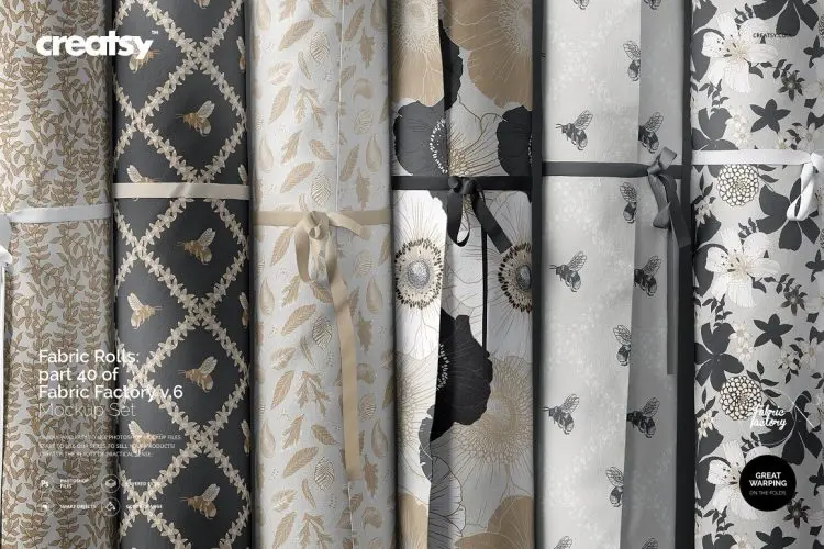 Fabric Rolls Mockup 40/FF v.6 布料面料小样织物卷轴堆叠印花图案设计贴图ps样机素材国外设计模板