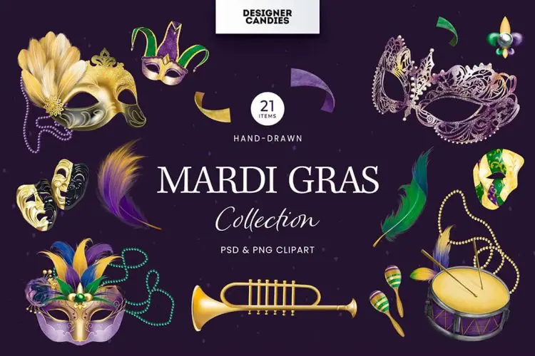 Mardi Gras Clipart Illustrations 21款狂欢节化装舞会面具面罩剪贴画插图图片ps分层设计素材