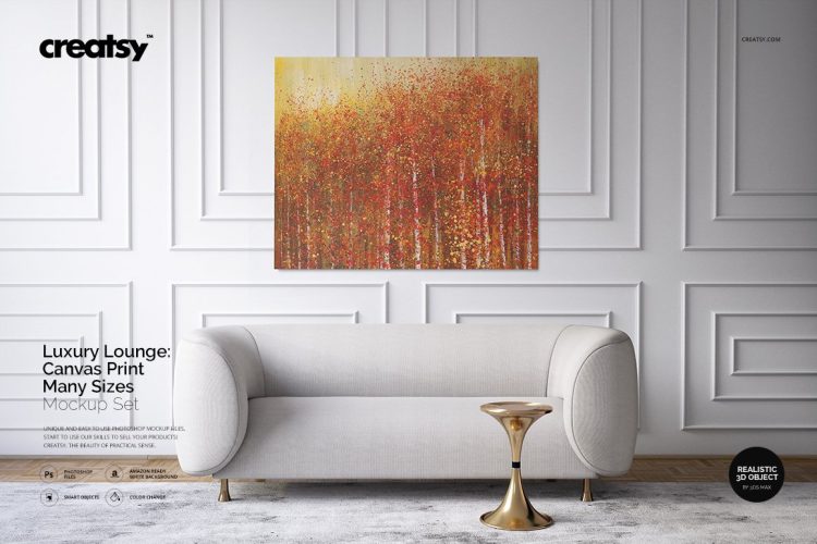 Luxury Lounge Canvas Print Mockup 现代极简法式客厅室内设计帆布挂画贴图ps样机素材场景展示效果