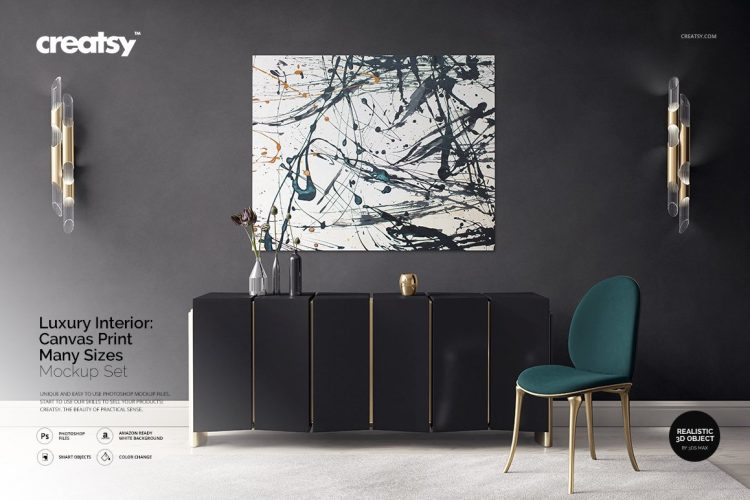 Luxury Interior Canvas Print Mockup 现代轻奢极简客厅餐边柜室内装饰画挂画图案设计贴图ps样机素材