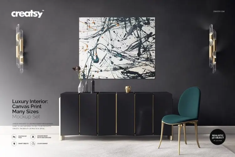 Luxury Interior Canvas Print Mockup 现代轻奢极简客厅餐边柜室内装饰画挂画图案设计贴图ps样机素材