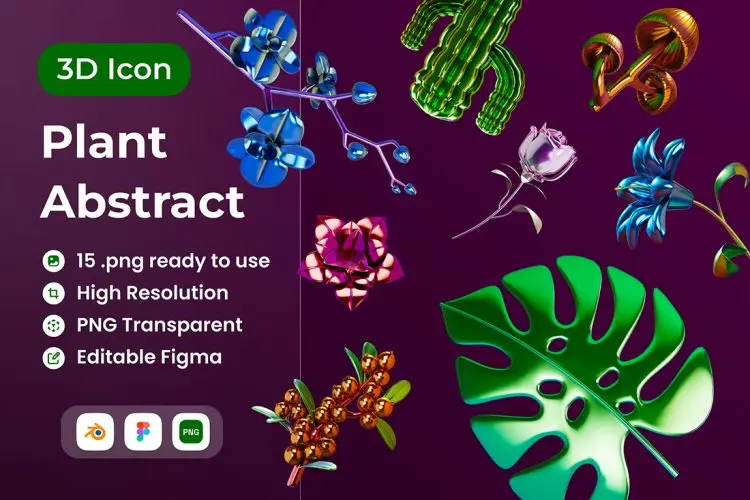 Plant Abstract 3D Illustration 3D金属装饰植物花朵叶子插图插画webp免扣图片设计素材 15p