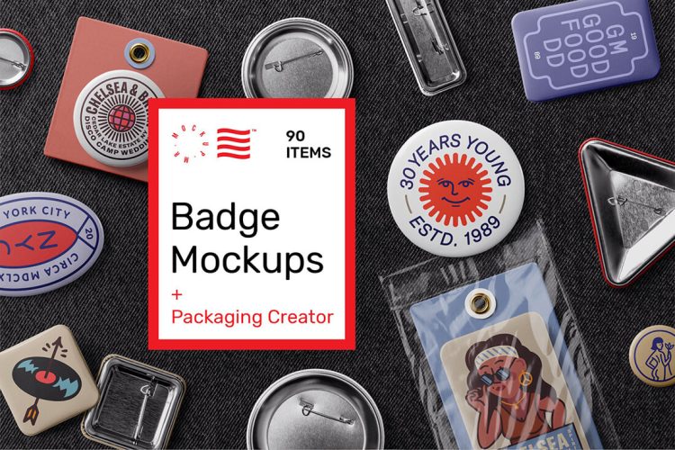 Badge Mockups – Packaging Creator 多规格金属徽章胸针文创礼品设计作品贴图ps样机素材展示效果图