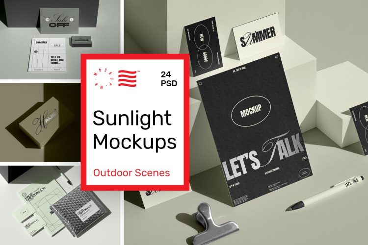 Sunlight Branding Mockups 24款质感名片信纸徽章折页文具品牌VI应用设计作品贴图ps样机素材