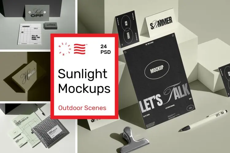 Sunlight Branding Mockups 24款质感名片信纸徽章折页文具品牌VI应用设计作品贴图ps样机素材