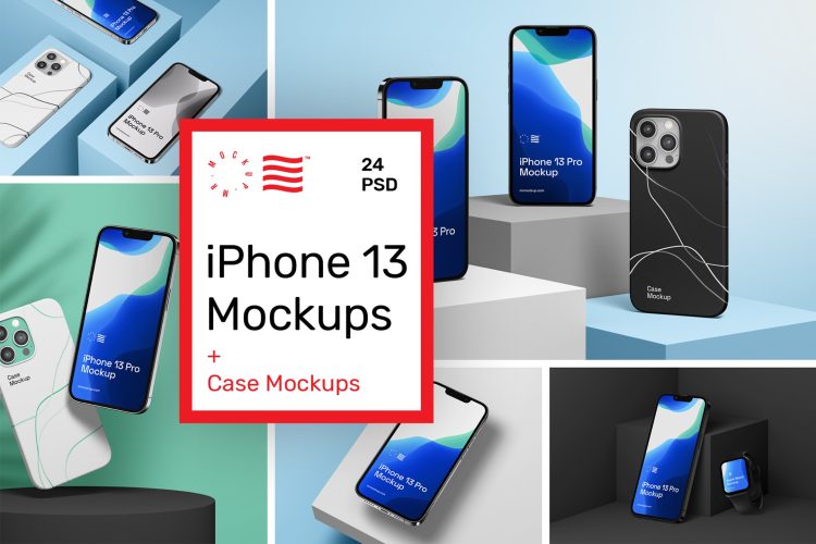 iPhone 13 Pro Mockups + Case Mockups 24款iPhone 13广告app界面手机壳设计贴图ps样机素材展示效果图