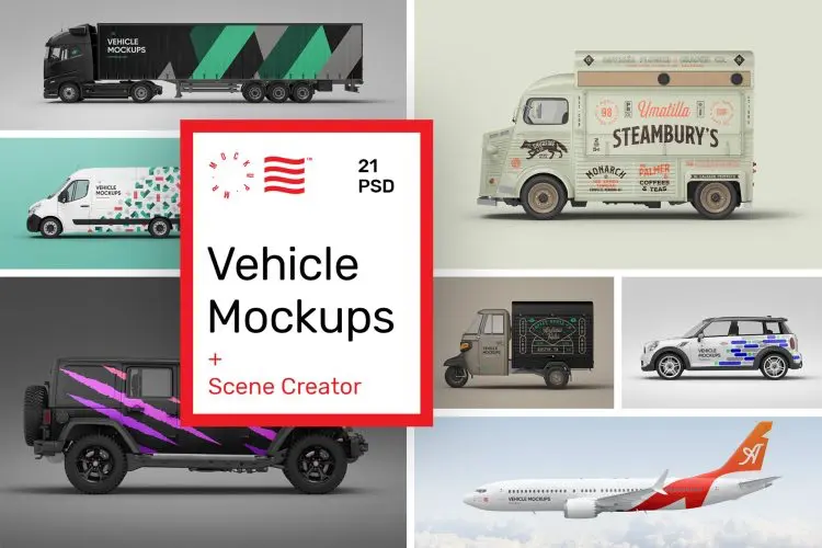 Vehicle Mockups – Car Mockups 21款越野车卡车货车三轮车汽车车身广告设计贴图ps样机素材模板