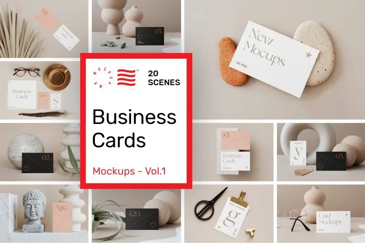 Business Card Mockups Vol.1 20款文艺极简轻奢莫兰迪卡片名片设计贴图ps样机素材场景展示效果
