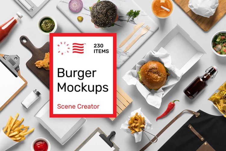 Burger Mockups – Scene Creator 美式快餐汉堡薯条厨房烹饪品牌包装vi应用设计作品贴图ps样机素材