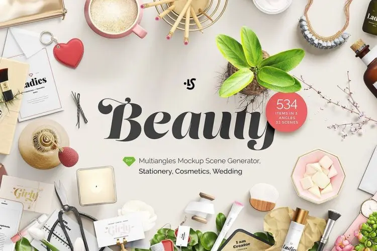 Beauty Mockup Scene Creator  28G 女性美妆护肤化妆品花卉下午茶配饰摆件ps样机素材国外设计模板