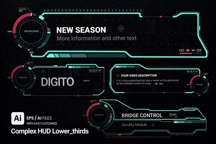 Complex HUD Lowerthird 4款未来科幻赛博朋克科技电竞游戏HUD抬头显示界面UI设计素材模板