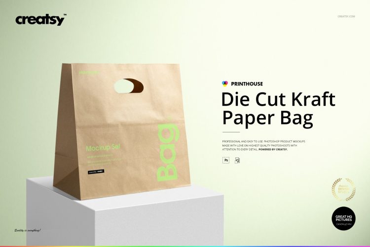 Die Cut Kraft Paper Bag Mockup Set 挖孔牛皮纸袋手提袋拎袋logo印花空白贴图ps样机素材展示模板