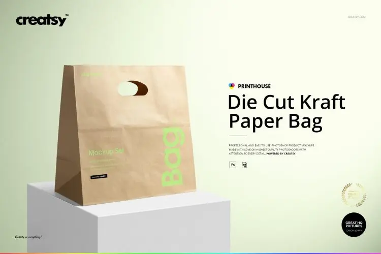 Die Cut Kraft Paper Bag Mockup Set 挖孔牛皮纸袋手提袋拎袋logo印花空白贴图ps样机素材展示模板
