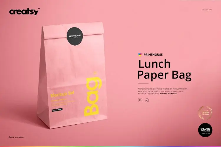 Lunch Bag Mockup Set 牛皮纸面包烘焙外卖打包袋纸袋logo印花图案设计贴图ps样机素材
