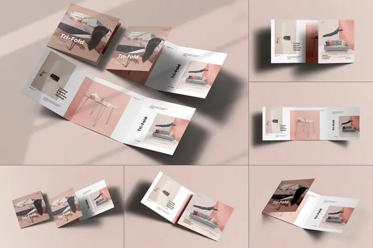 Tri-Fold Square Brohure Mock-up 8款正方形三折页邀请函传单手册设计贴图ps样机素材展示效果图