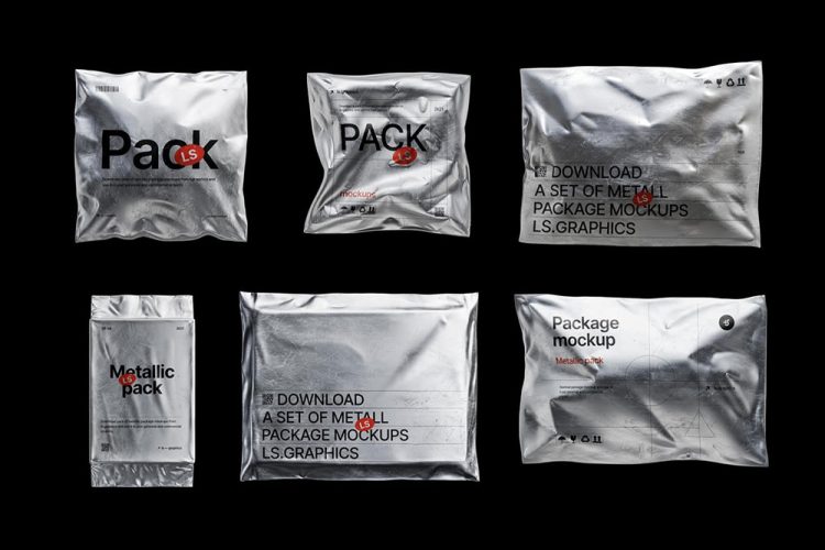 Metallic Packages Mockups 25款多规格质感金属潮流做旧铝箔包装袋设计作品贴图ps样机素材