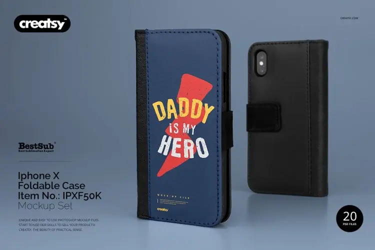iPhone X Foldable Case Mockup Set 折叠皮革手机壳多角度模拟效果展示样机