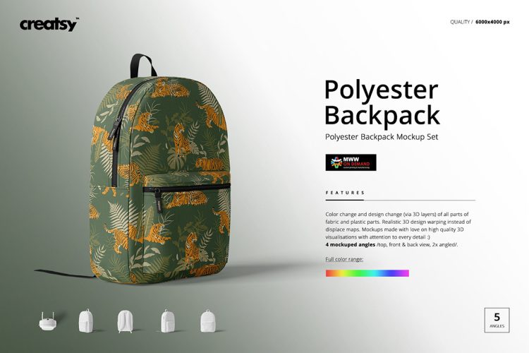 Polyester Backpack Mockup Set 双肩背包书包电脑包印花图案设计作品贴图ps样机素材展示效果模板