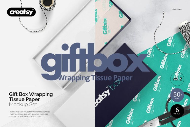 GiftBox Wrapping Tissue Paper Mockup 长方形礼物礼品盒伴手礼产品纸盒包装纸印花图案设计贴图ps样机素材模板