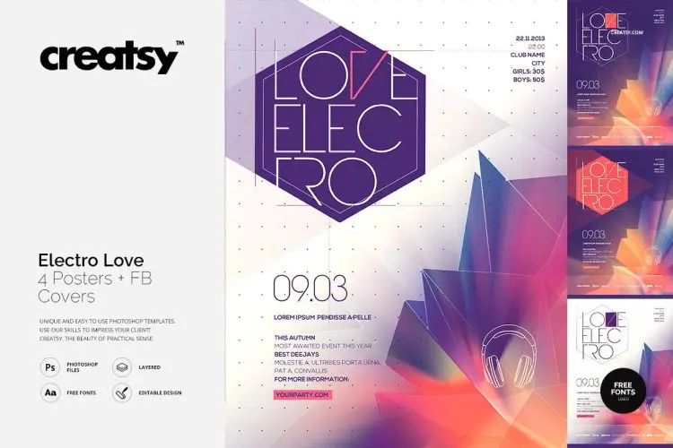 Electro Love 4 Posters & FB Covers 4款现代科技未来感颗粒发光发散海报模版psd设计素材