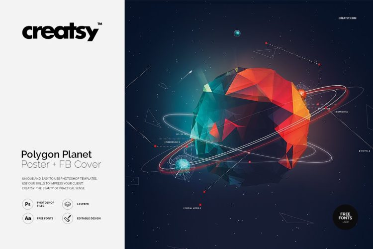 Polygon Planet Poster 2款像素化宇宙行星未来科技感背景海报设计模版psd设计素材