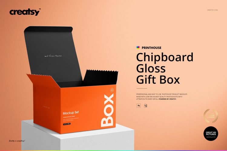 Chipboard Gloss Gift Box Mockup Set 正方形礼品盒飞机盒纸盒包装设计作品贴图ps样机素材国外设计模板