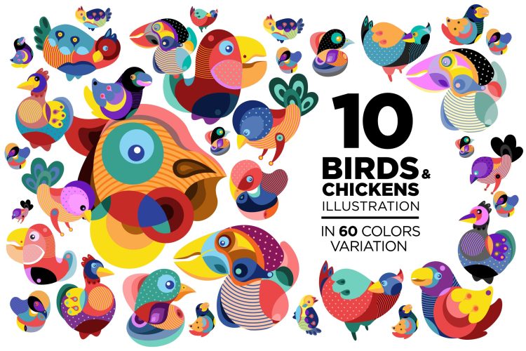 10 Birds and Chicken Illustration 10款传统飞鸟涂鸦插画图案设计背景素材 AI矢量格式