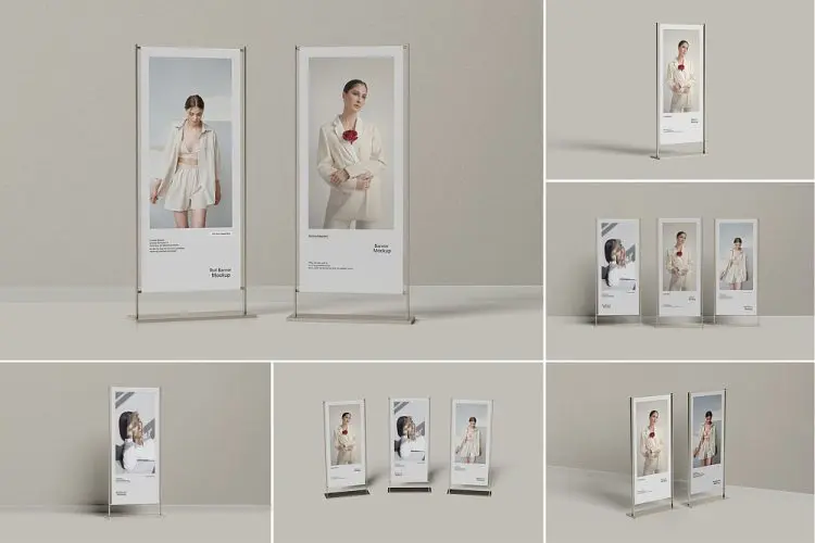 Roll Up Banner Mockup 6款易拉宝海报架展架广告牌立牌设计贴图ps样机素材展示效果图