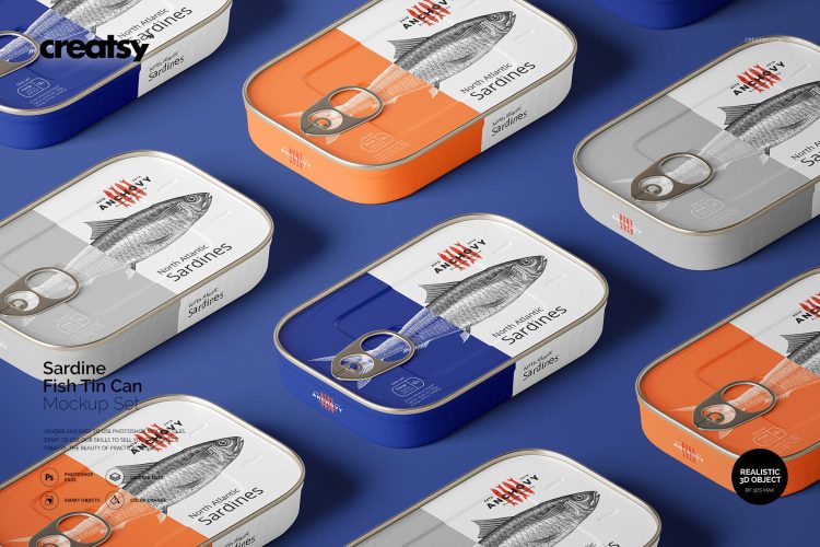 Sardine Fish Tin Can Mockup Set 沙丁鱼食品鱼罐头包装设计效果图展示空白智能贴图样机国外设计素材