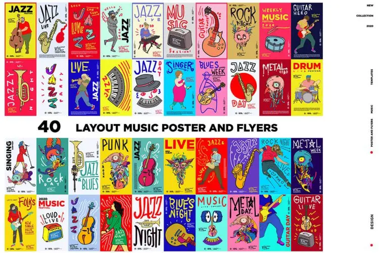 40 Music Illustration for Event and Summer Activity 40款音乐节主题海报朋克吉他音乐派对海报模版素材AI矢量格式