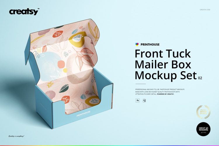 Front Tuck Mailer Box Mockup Set 02 快递打包盒飞机纸盒空白贴图ps产品包装样机素材国外设计模板