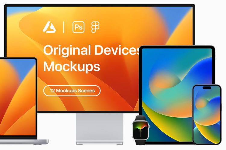 12 Original Devices Mockups – 2023 iPhone苹果一体机iMac平板pad手表显示器macbook笔记本ps样机素材