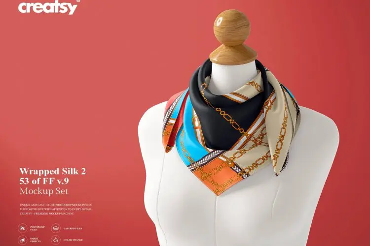 Wrapped Silk Scarf Mockup (53/FFv.9）真丝围巾丝巾模特印花纹样空白贴图ps样机素材国外设计素材