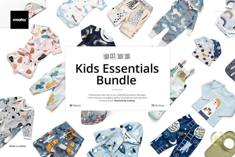 Kids essentials mockup bundle 20套婴儿宝宝童装儿童穿搭服装设计贴图ps样机素材国外设计模板