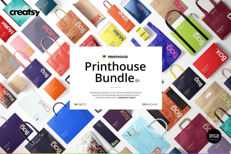 Printhouse Mockups Bundle v.1 50套包装拎袋文具VI应用设计作品贴图ps样机素材国外设计模板