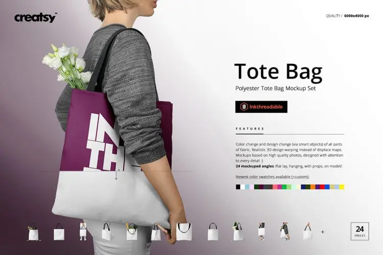 Polyester Tote Bag Mockup Set 24款手提袋帆布袋托特包印花图案设计贴图ps样机素材展示效果模板