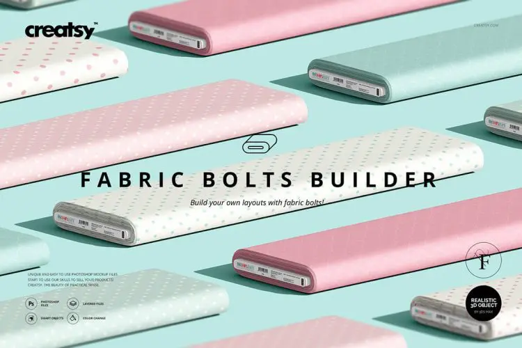 Fabric Bolts Builder Mockup Set 织物家纺面料布料卷轴印花图案纹样空白贴图ps样机素材国外设计模板